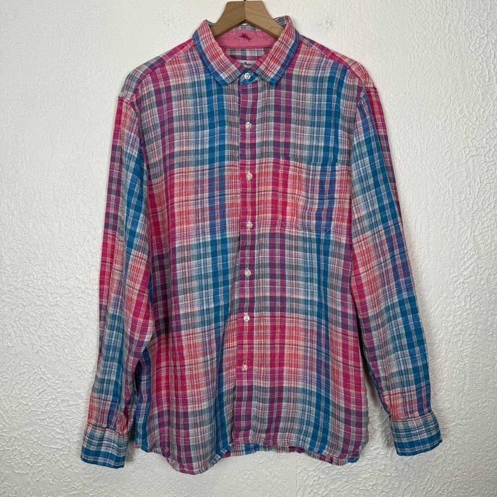 Tommy Bahama Linen Plaid Button Down Shirt Pink Blue Men’s Large